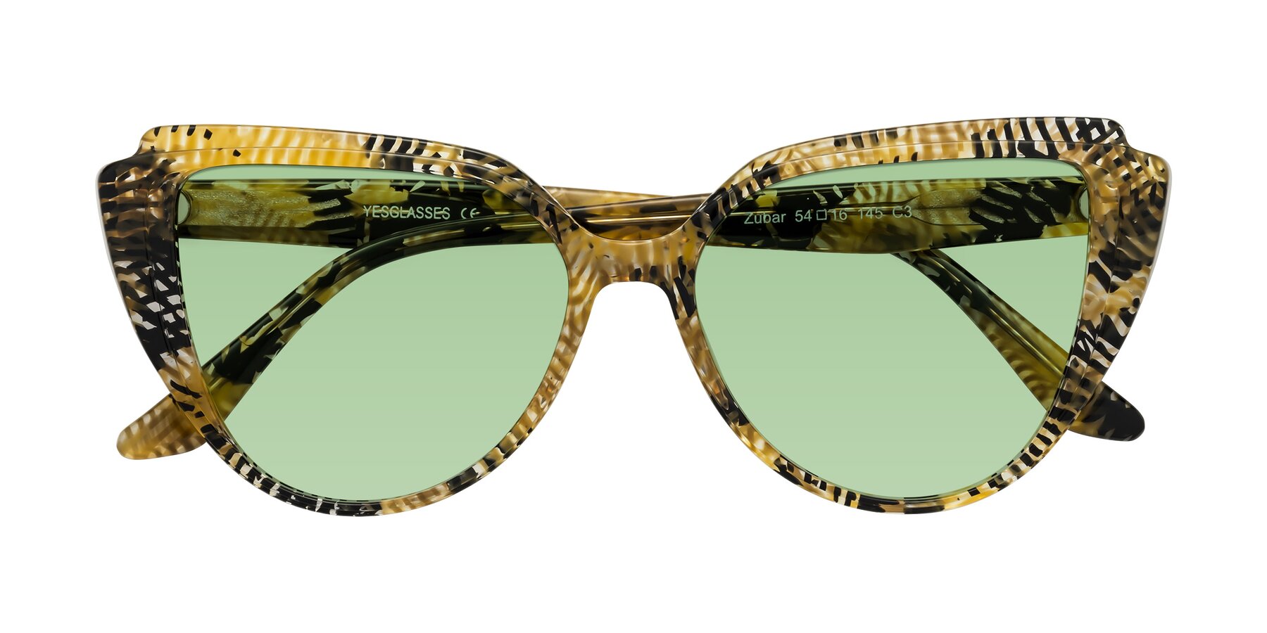 Folded Front of Zubar in Yellow Snake Print with Medium Green Tinted Lenses