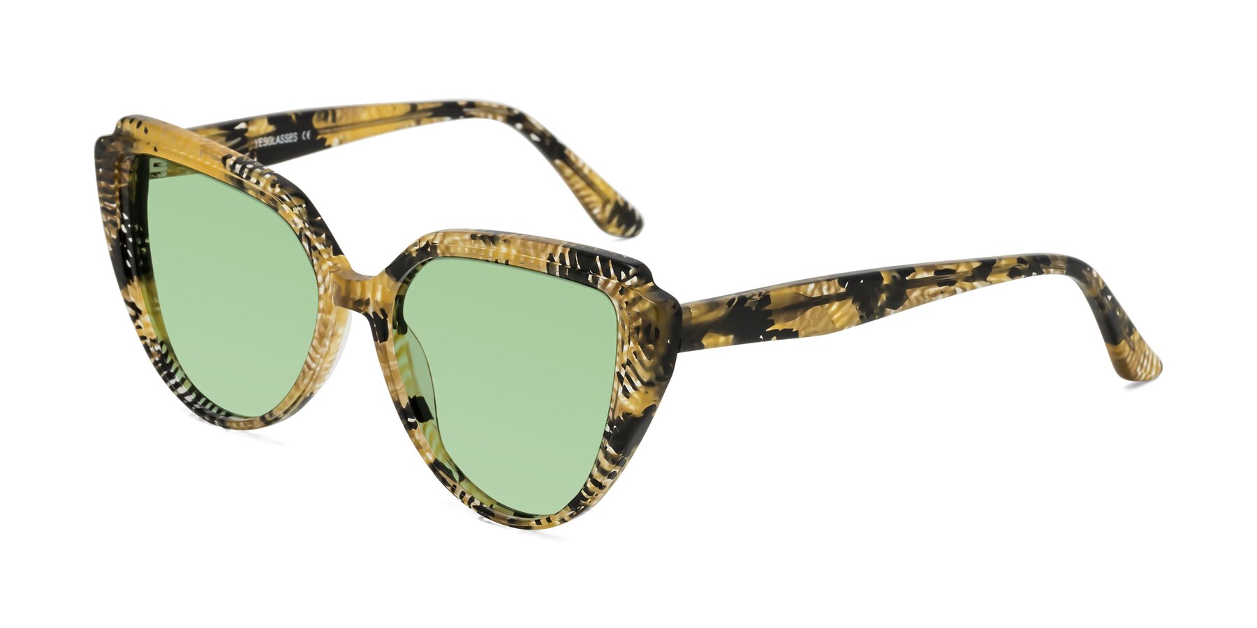 Angle of Zubar in Yellow Snake Print with Medium Green Tinted Lenses