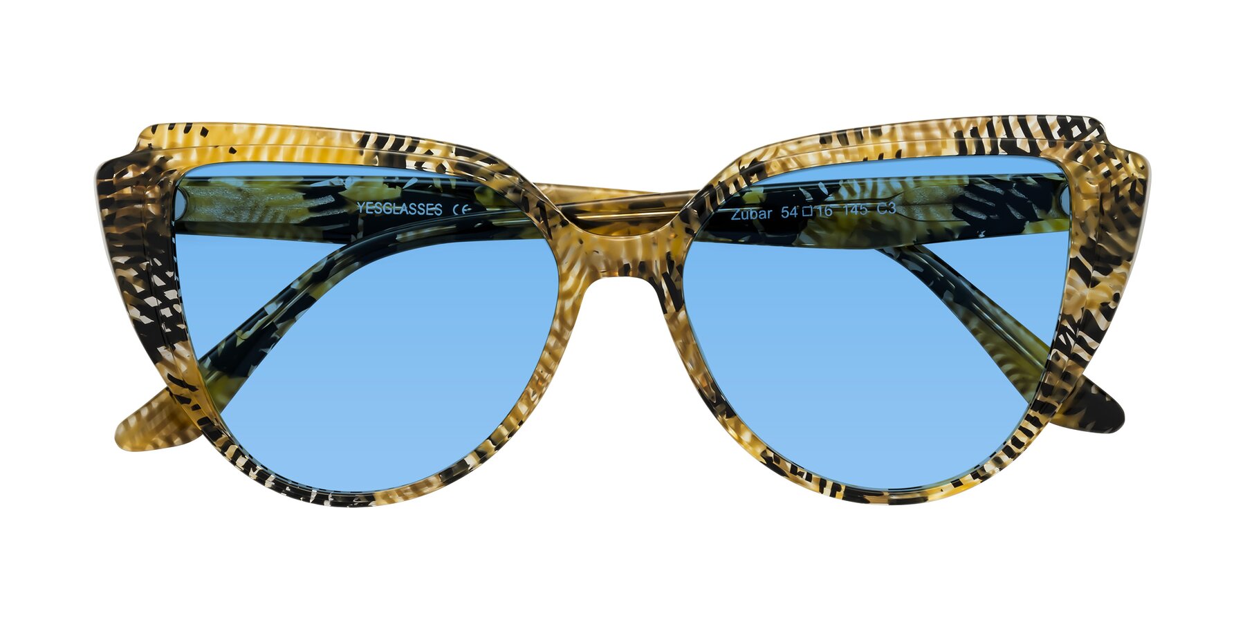 Folded Front of Zubar in Yellow Snake Print with Medium Blue Tinted Lenses