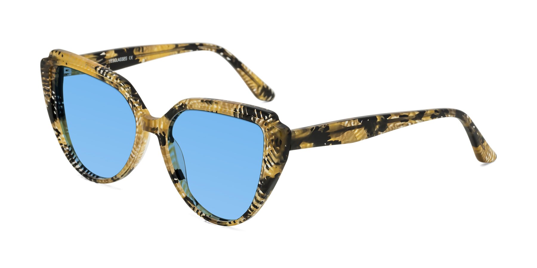 Angle of Zubar in Yellow Snake Print with Medium Blue Tinted Lenses