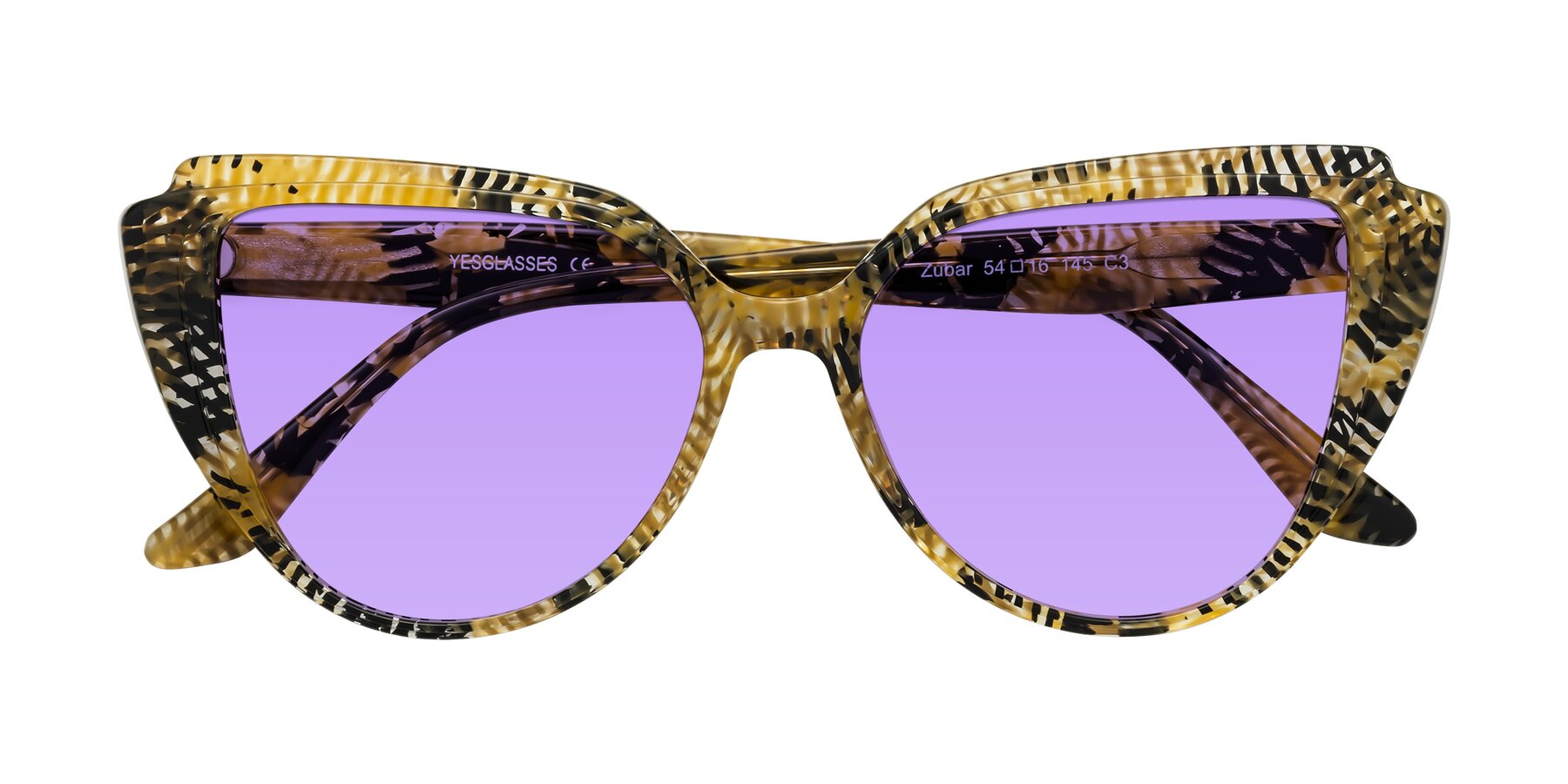 Folded Front of Zubar in Yellow Snake Print with Medium Purple Tinted Lenses
