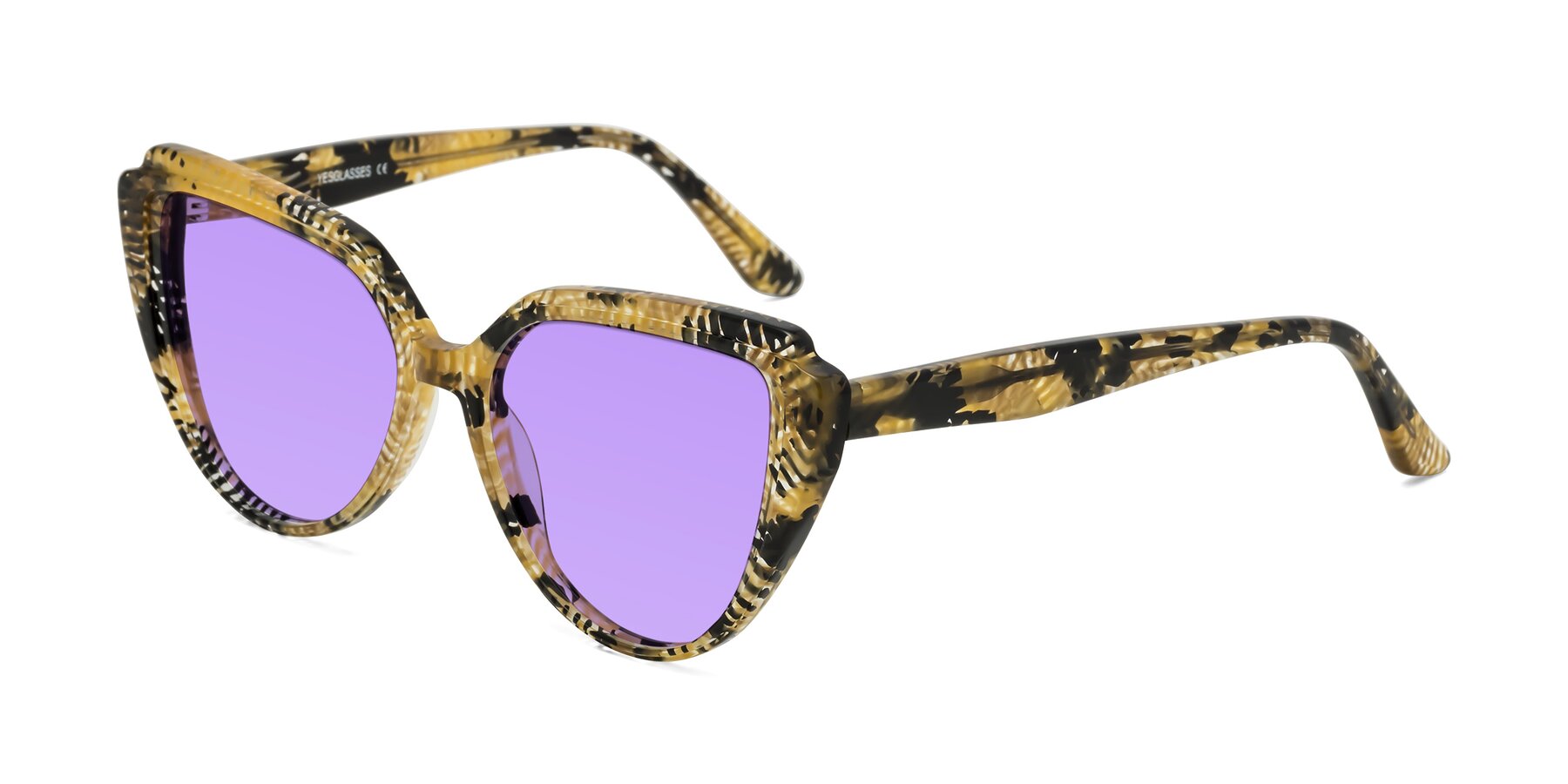 Angle of Zubar in Yellow Snake Print with Medium Purple Tinted Lenses