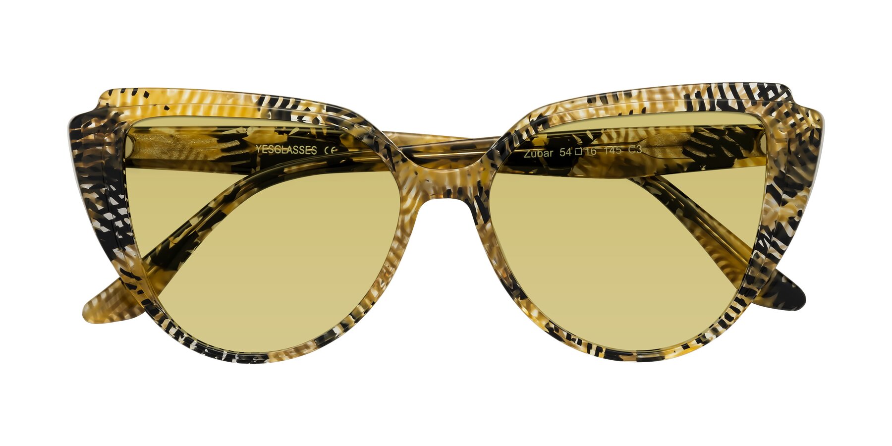 Folded Front of Zubar in Yellow Snake Print with Medium Champagne Tinted Lenses