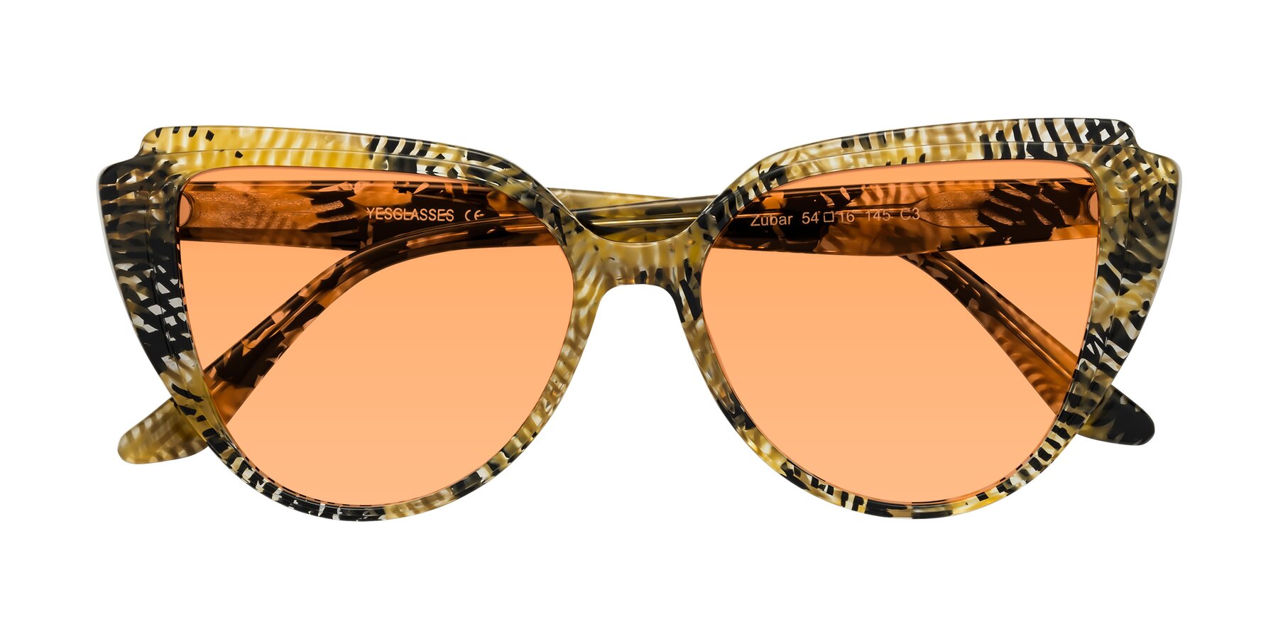 Folded Front of Zubar in Yellow Snake Print with Medium Orange Tinted Lenses