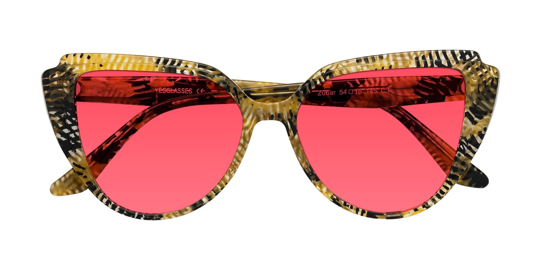 Folded Front of Zubar in Yellow Snake Print with Red Tinted Lenses