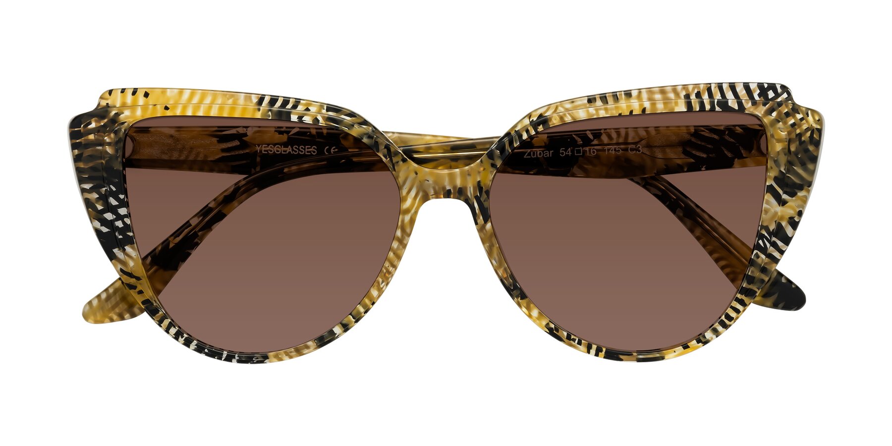 Folded Front of Zubar in Yellow Snake Print with Brown Tinted Lenses