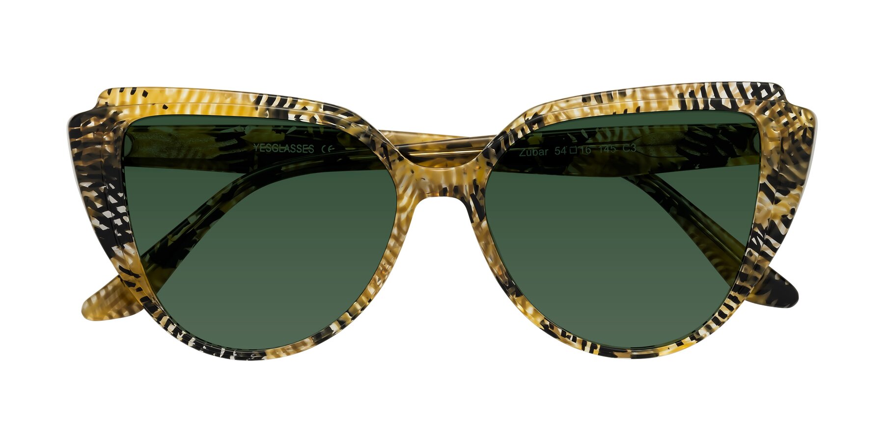 Folded Front of Zubar in Yellow Snake Print with Green Tinted Lenses