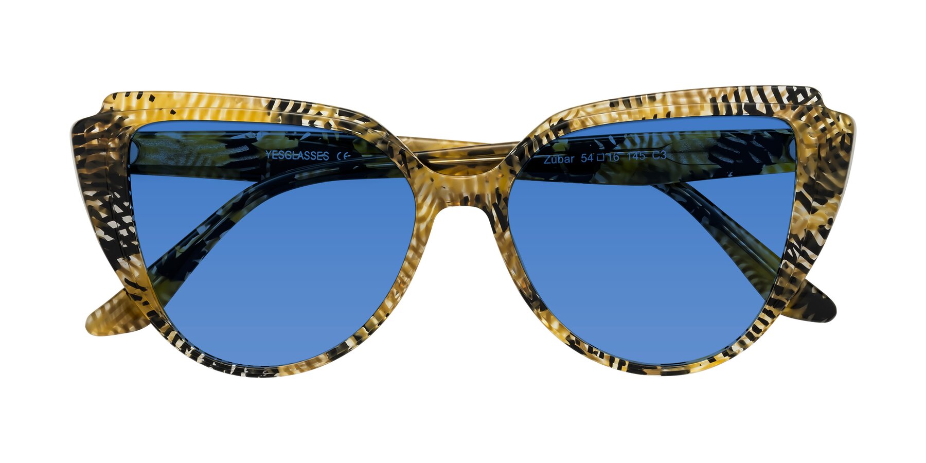 Folded Front of Zubar in Yellow Snake Print with Blue Tinted Lenses