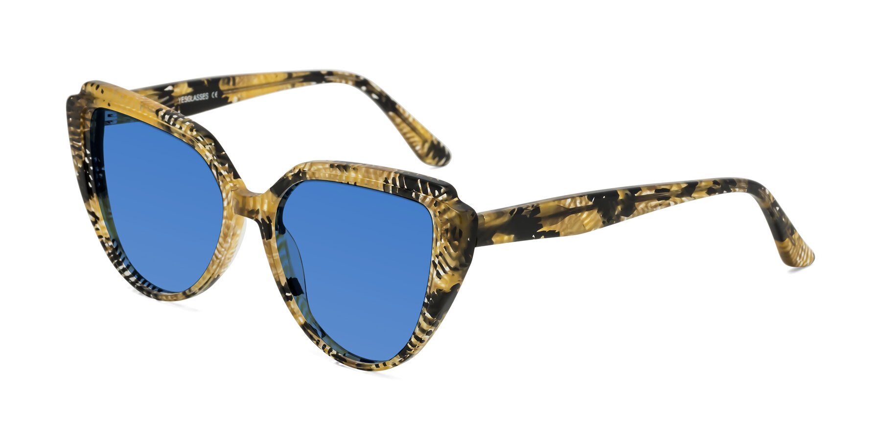 Angle of Zubar in Yellow Snake Print with Blue Tinted Lenses