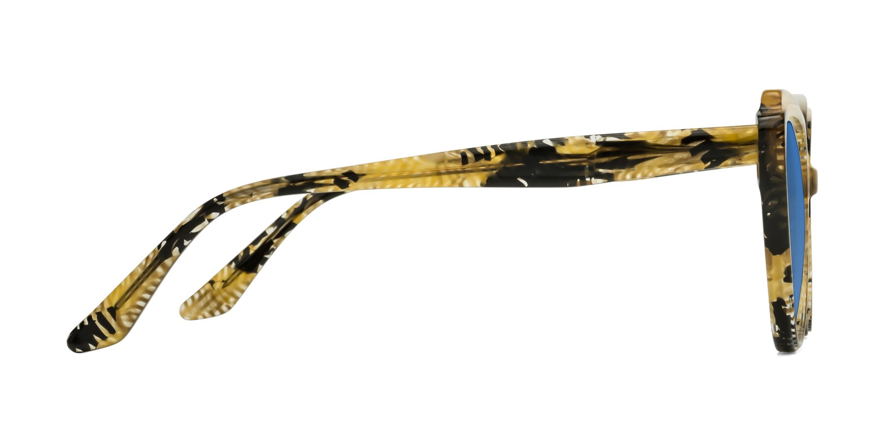 Side of Zubar in Yellow Snake Print with Blue Tinted Lenses