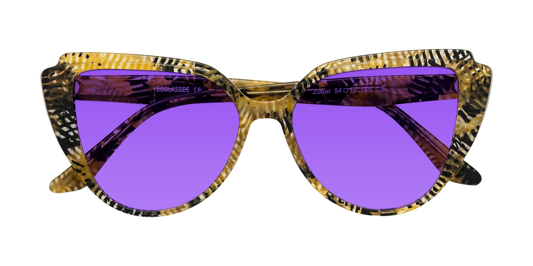 Folded Front of Zubar in Yellow Snake Print with Purple Tinted Lenses