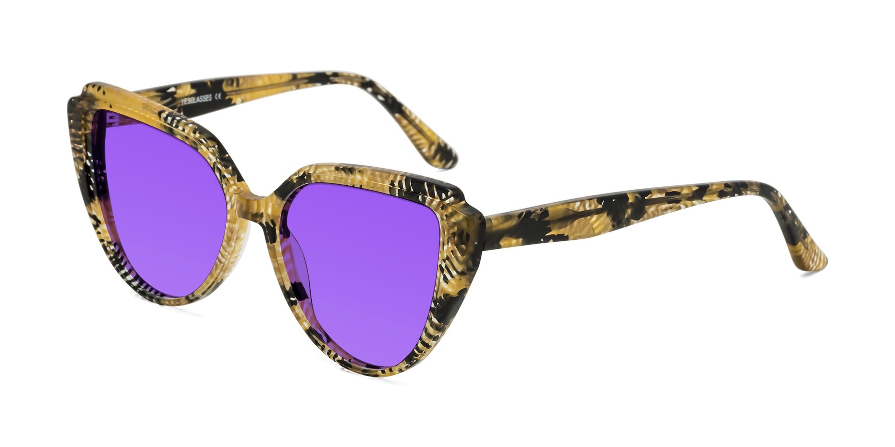 Angle of Zubar in Yellow Snake Print with Purple Tinted Lenses