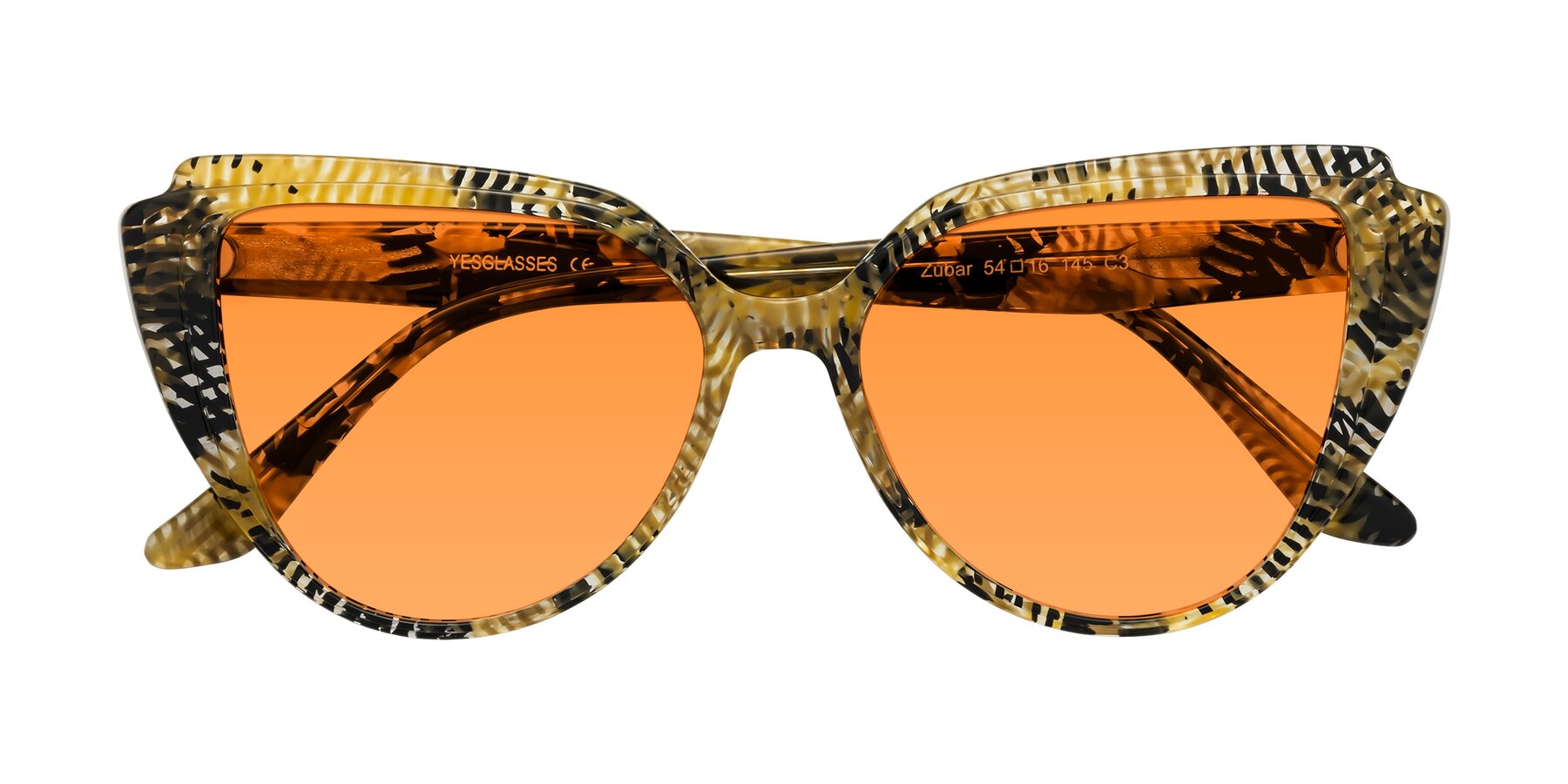Folded Front of Zubar in Yellow Snake Print with Orange Tinted Lenses