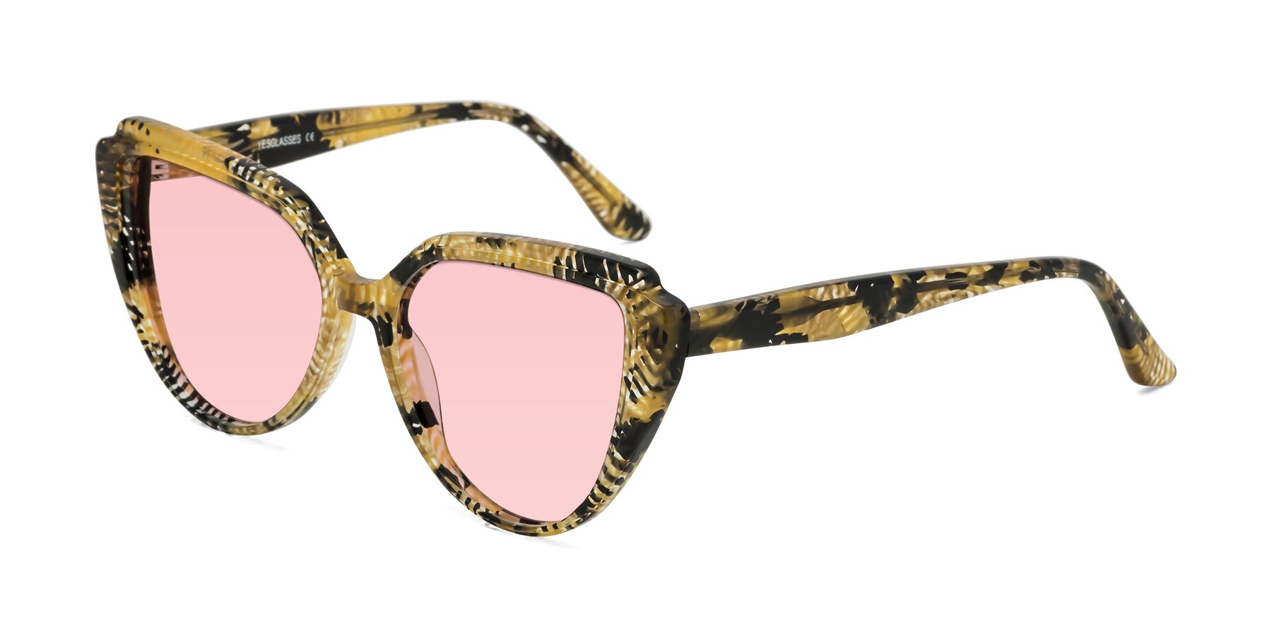 Angle of Zubar in Yellow Snake Print with Light Garnet Tinted Lenses