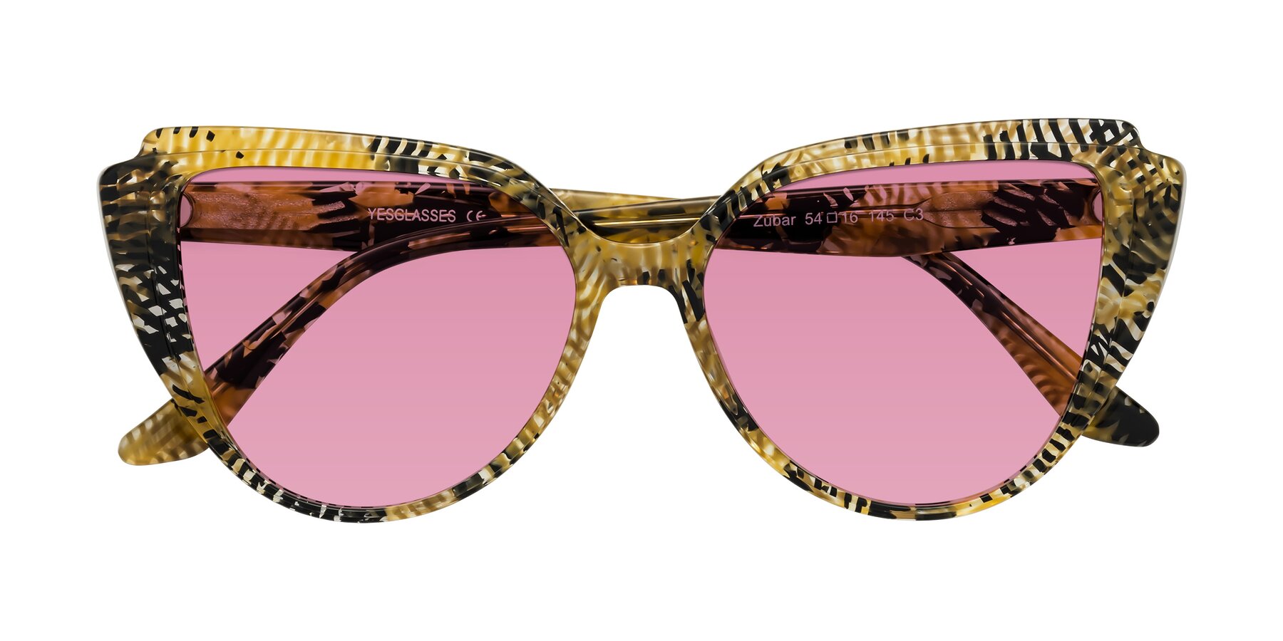 Folded Front of Zubar in Yellow Snake Print with Medium Wine Tinted Lenses