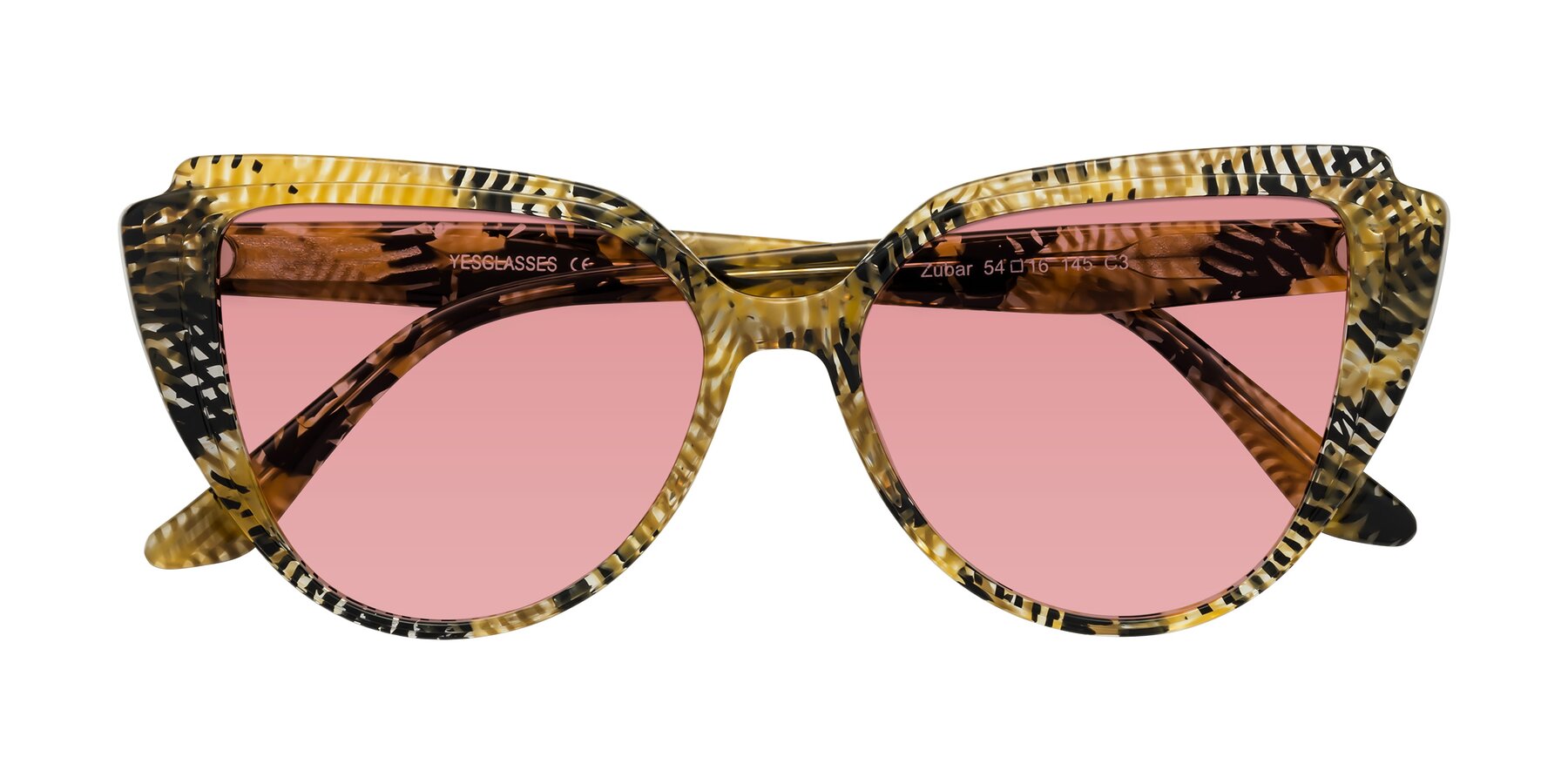 Folded Front of Zubar in Yellow Snake Print with Medium Garnet Tinted Lenses