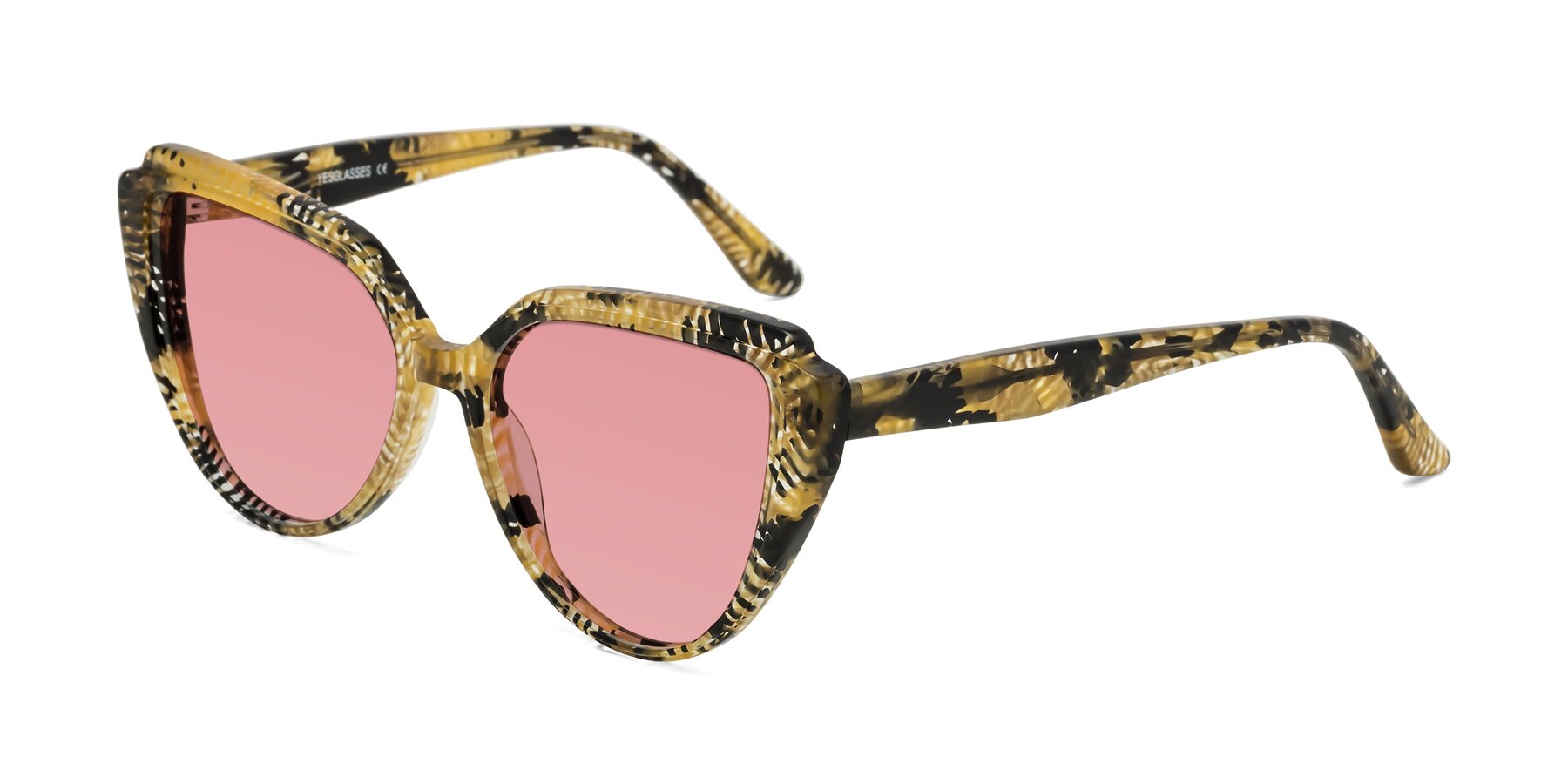 Angle of Zubar in Yellow Snake Print with Medium Garnet Tinted Lenses