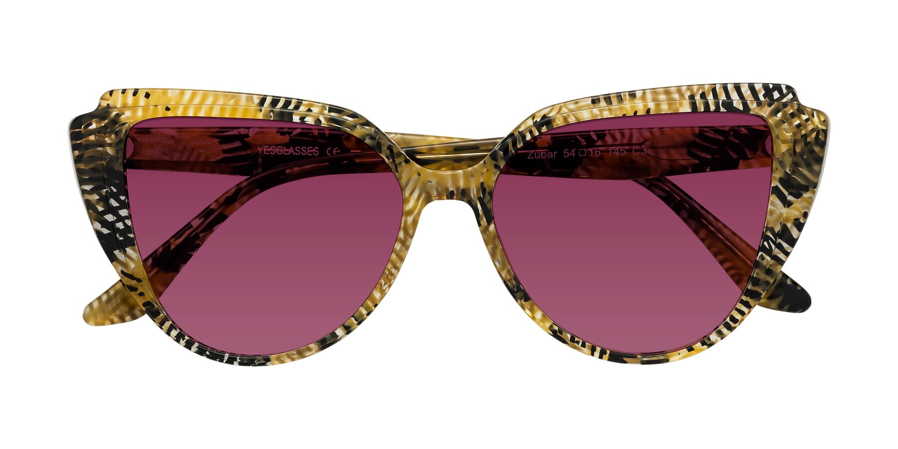 Folded Front of Zubar in Yellow Snake Print with Wine Tinted Lenses