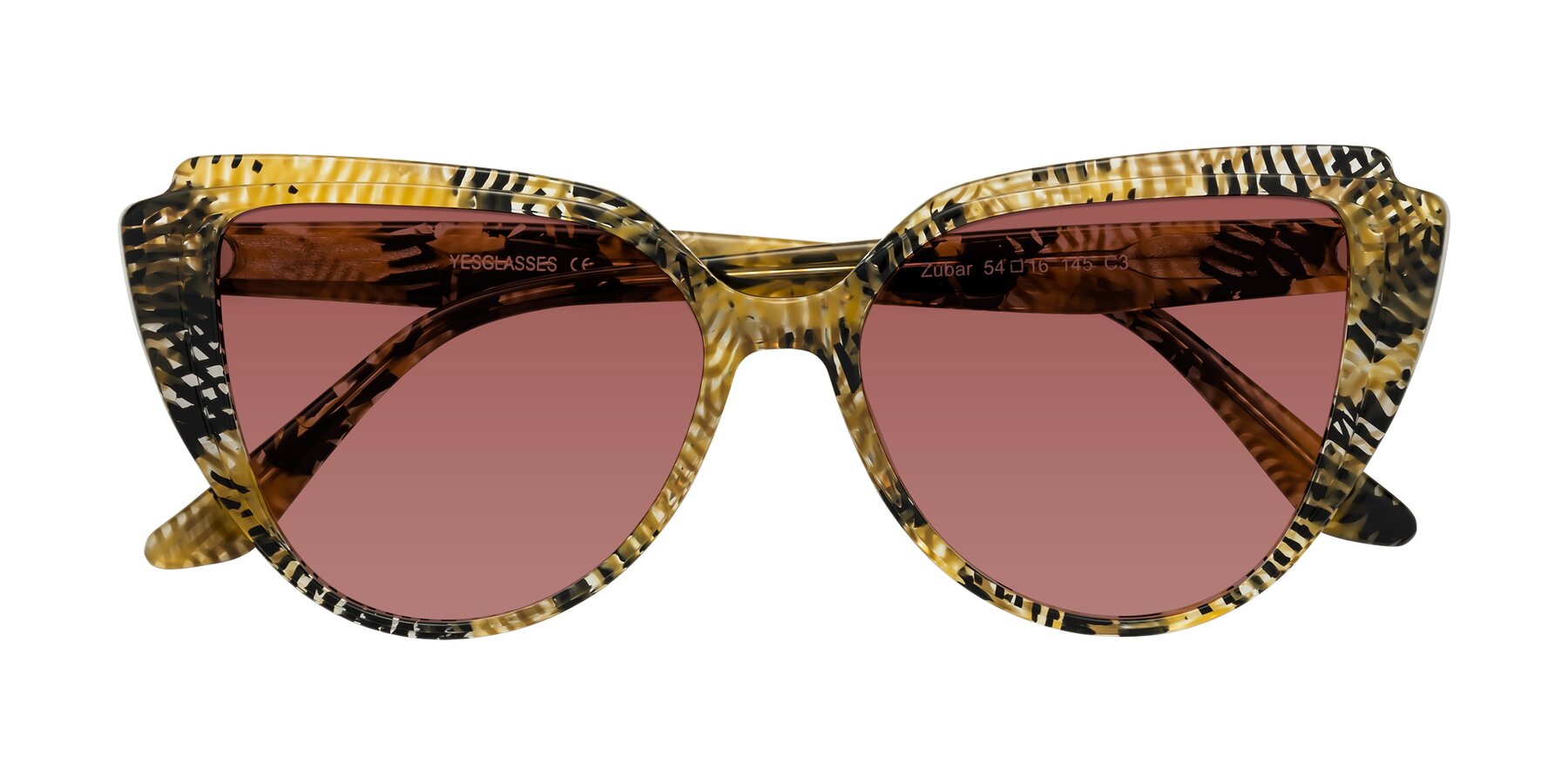 Folded Front of Zubar in Yellow Snake Print with Garnet Tinted Lenses