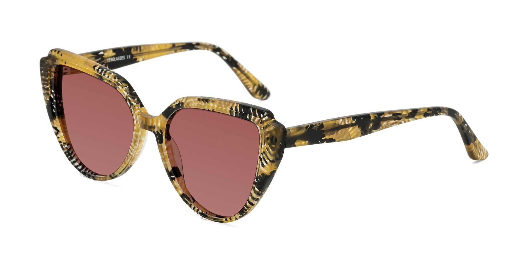 Angle of Zubar in Yellow Snake Print with Garnet Tinted Lenses