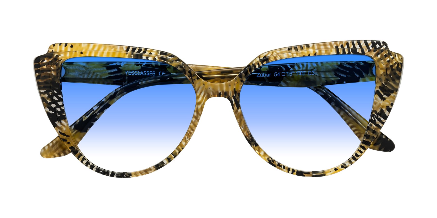 Folded Front of Zubar in Yellow Snake Print with Blue Gradient Lenses