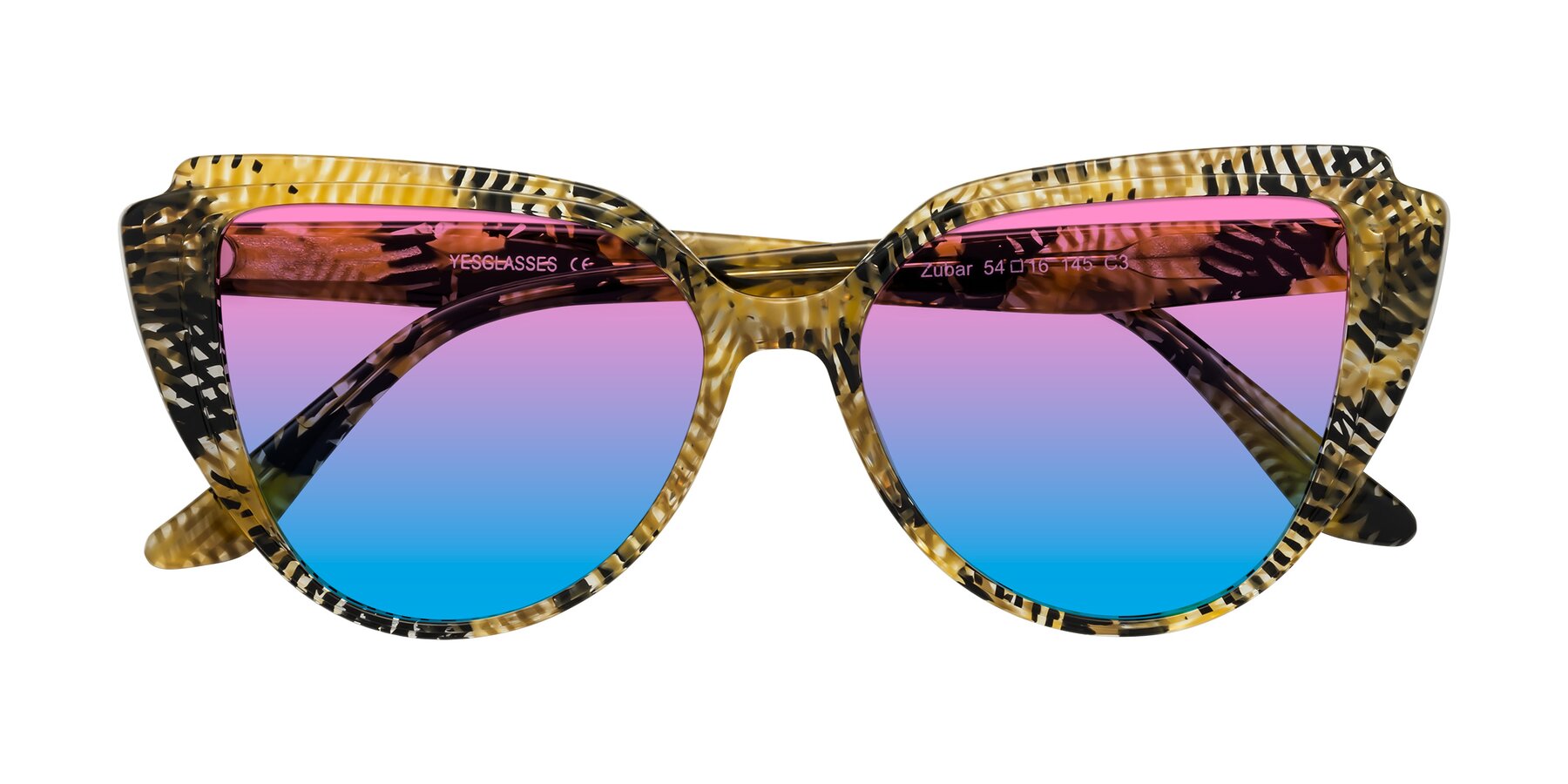 Folded Front of Zubar in Yellow Snake Print with Pink / Blue Gradient Lenses