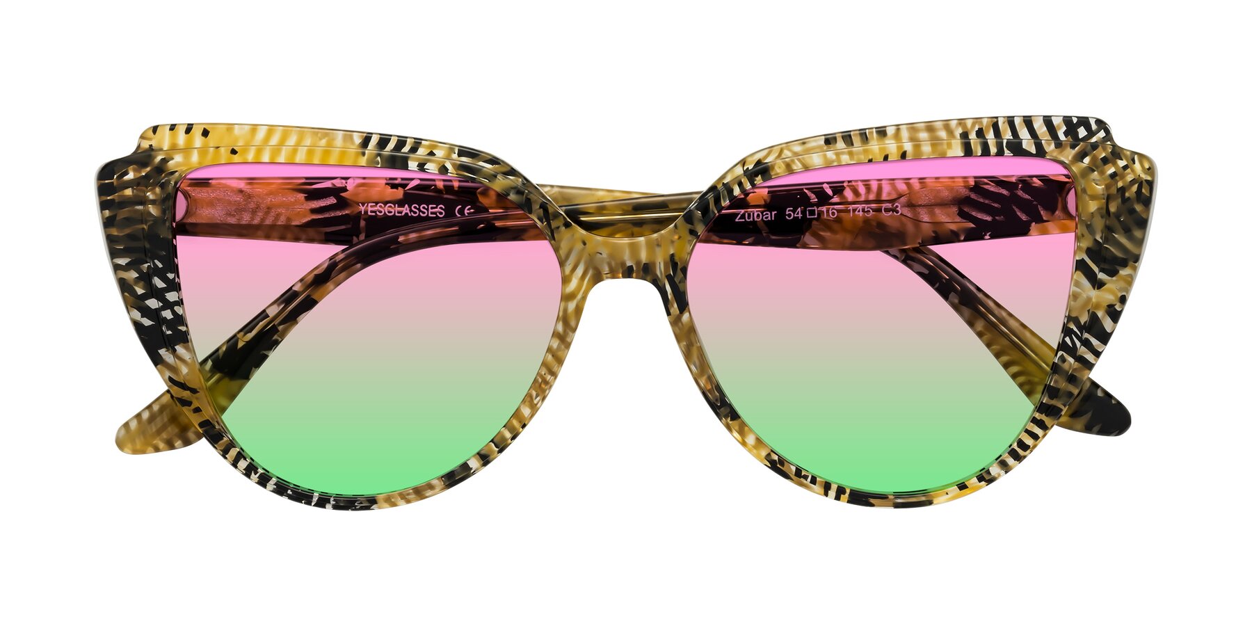 Folded Front of Zubar in Yellow Snake Print with Pink / Green Gradient Lenses
