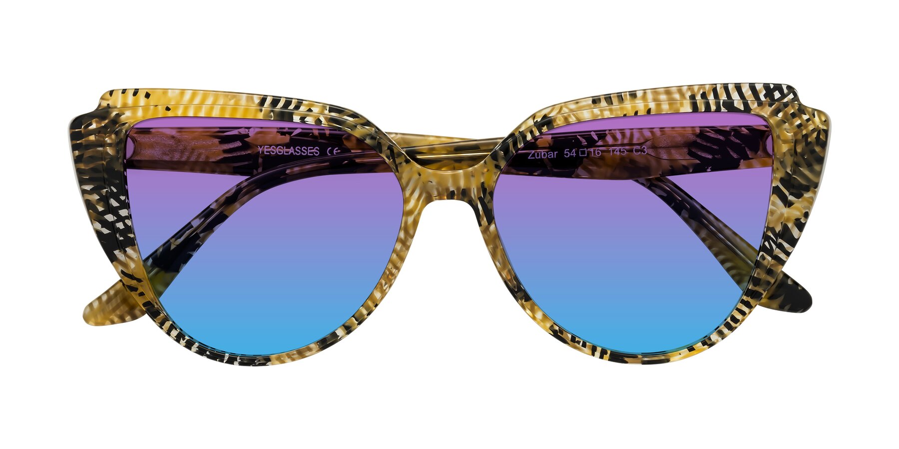 Folded Front of Zubar in Yellow Snake Print with Purple / Blue Gradient Lenses