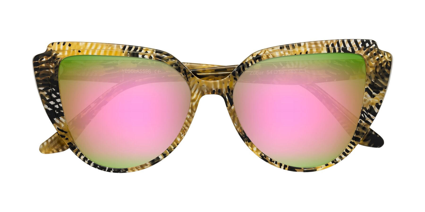 Folded Front of Zubar in Yellow Snake Print with Pink Mirrored Lenses
