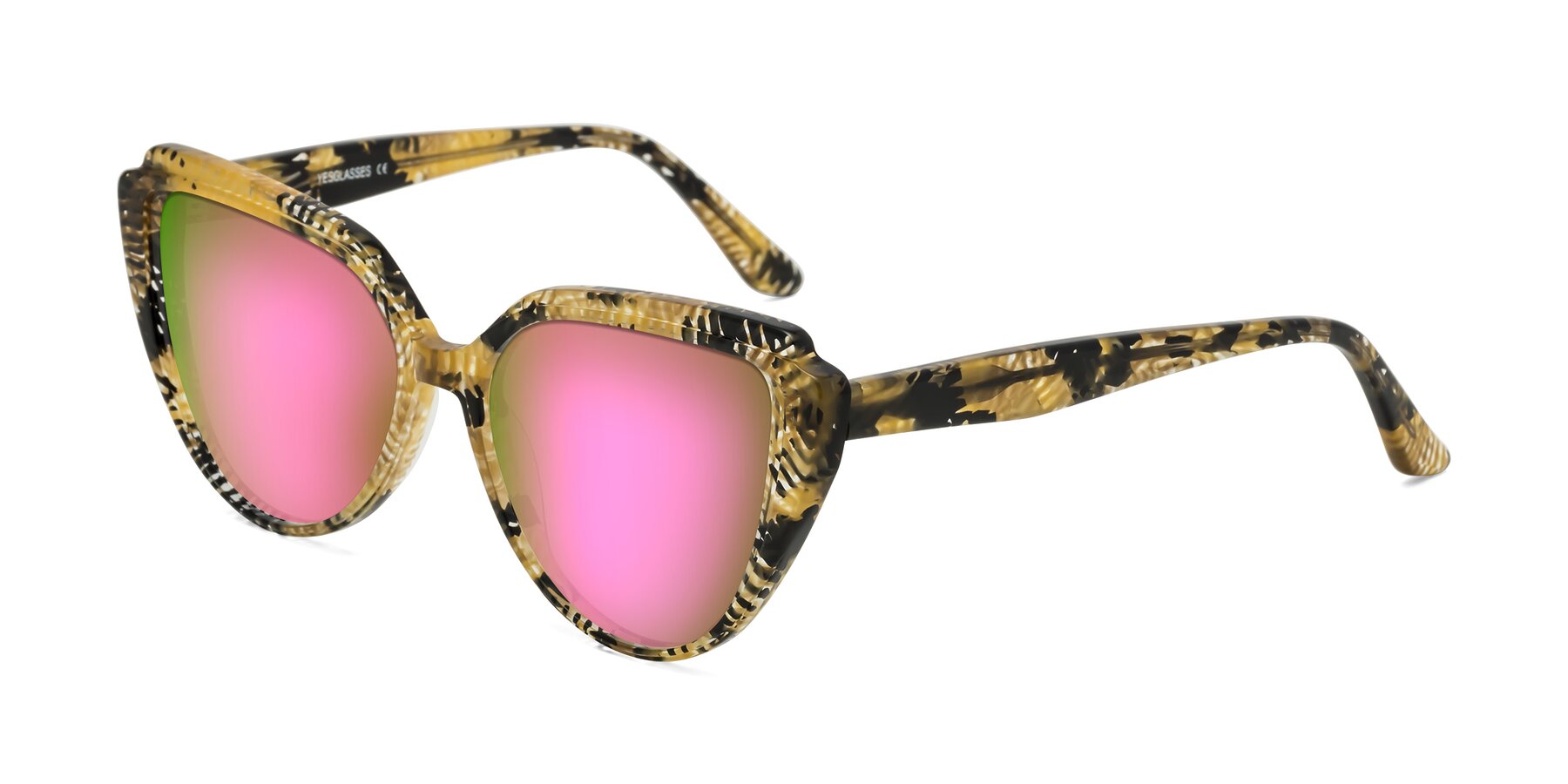 Angle of Zubar in Yellow Snake Print with Pink Mirrored Lenses