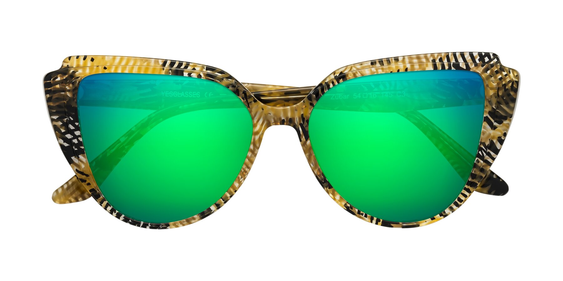 Folded Front of Zubar in Yellow Snake Print with Green Mirrored Lenses