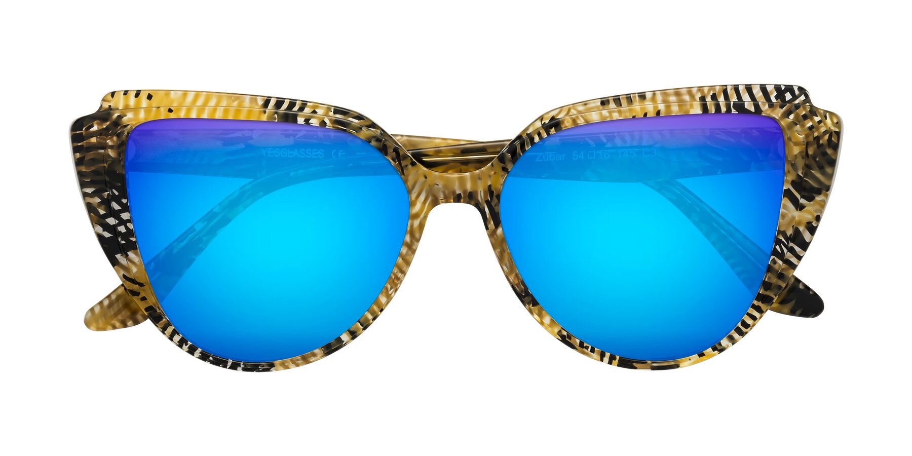 Folded Front of Zubar in Yellow Snake Print with Blue Mirrored Lenses