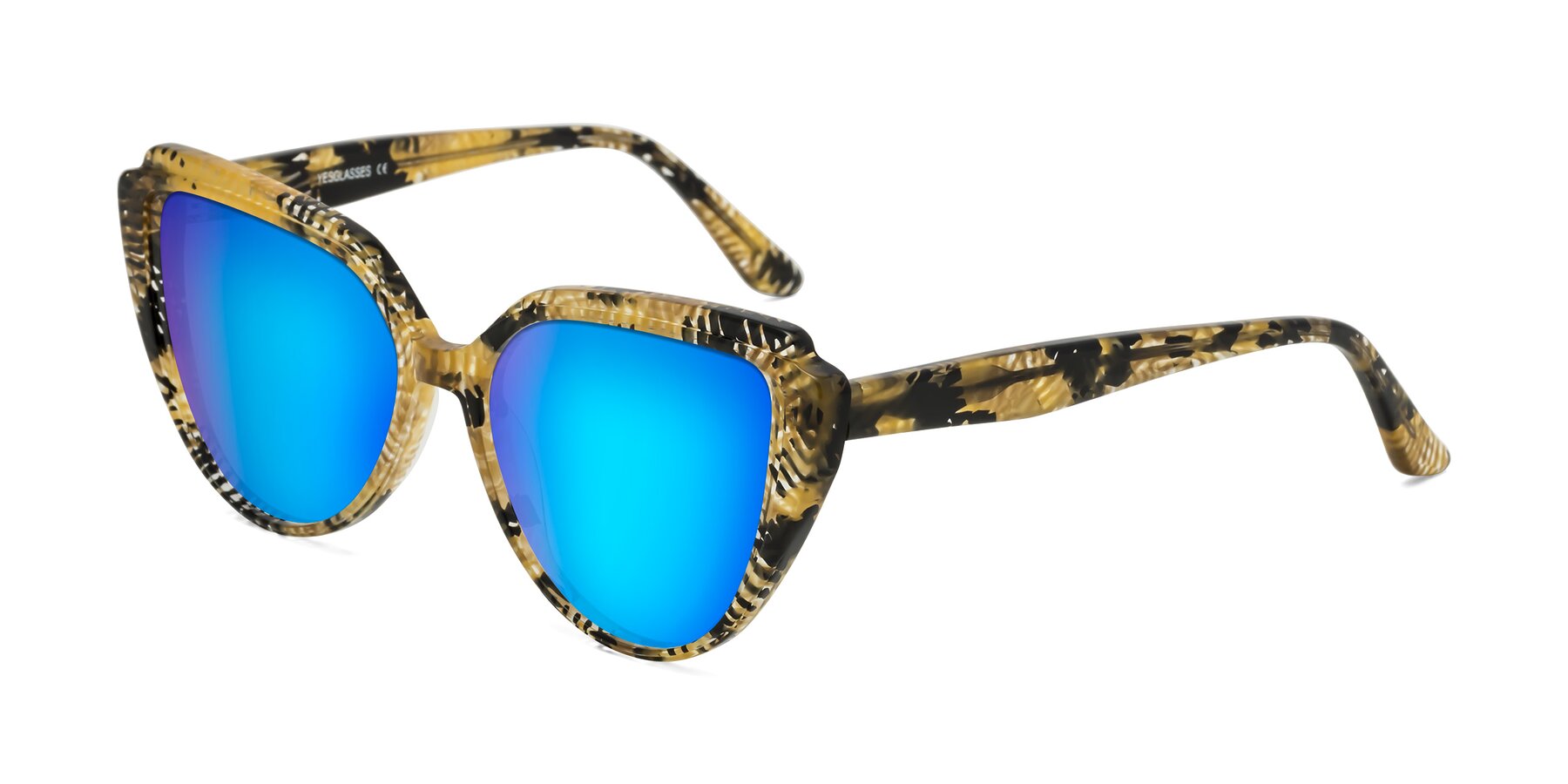 Angle of Zubar in Yellow Snake Print with Blue Mirrored Lenses
