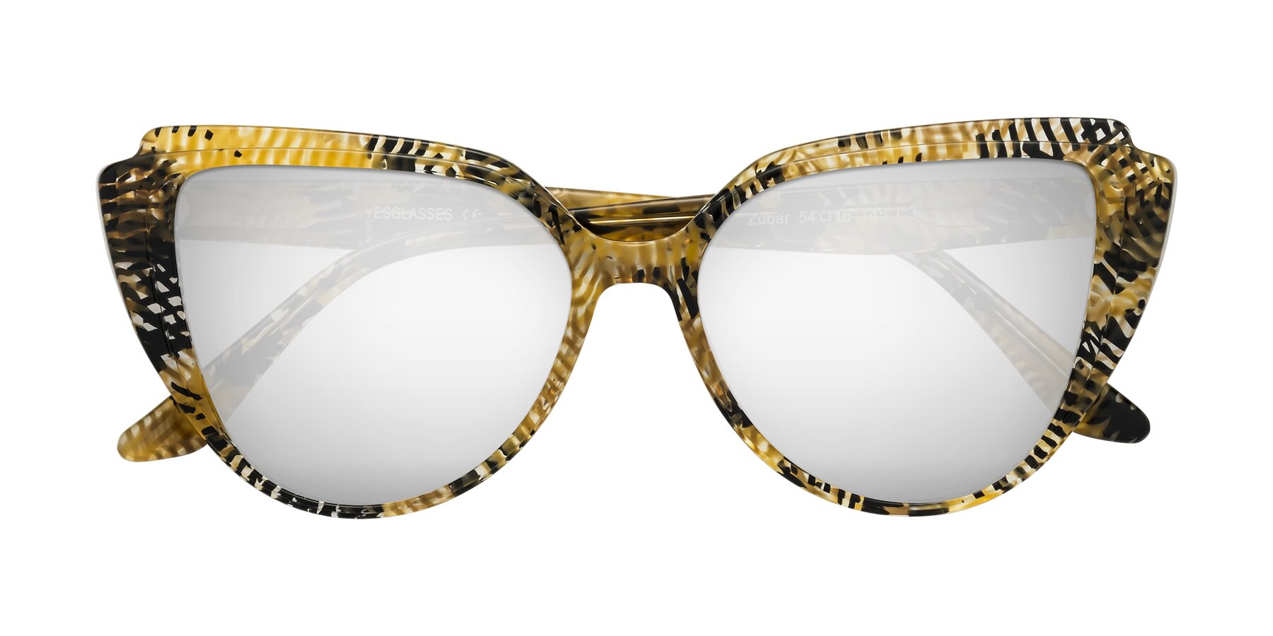 Folded Front of Zubar in Yellow Snake Print with Silver Mirrored Lenses