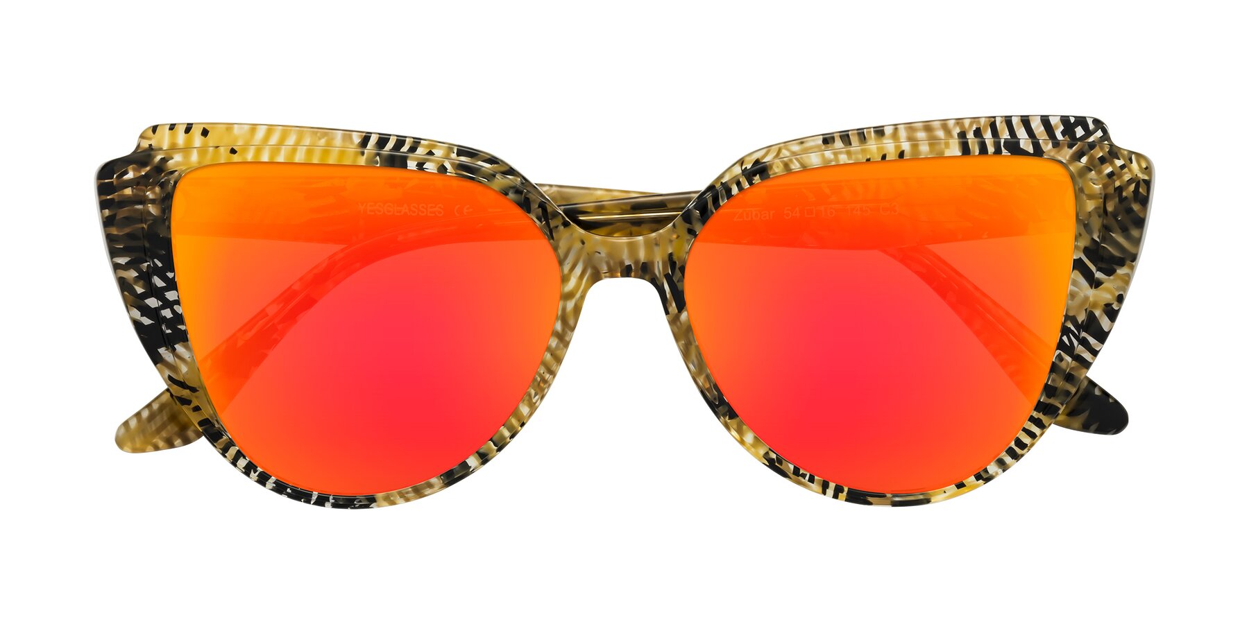 Folded Front of Zubar in Yellow Snake Print with Red Gold Mirrored Lenses