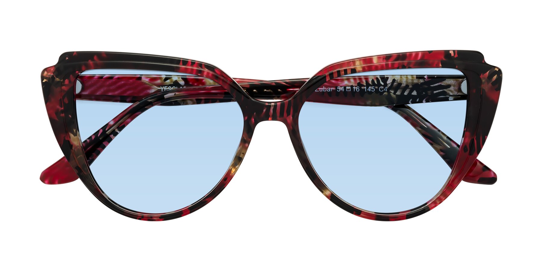 Folded Front of Zubar in Wine Snake Print with Light Blue Tinted Lenses