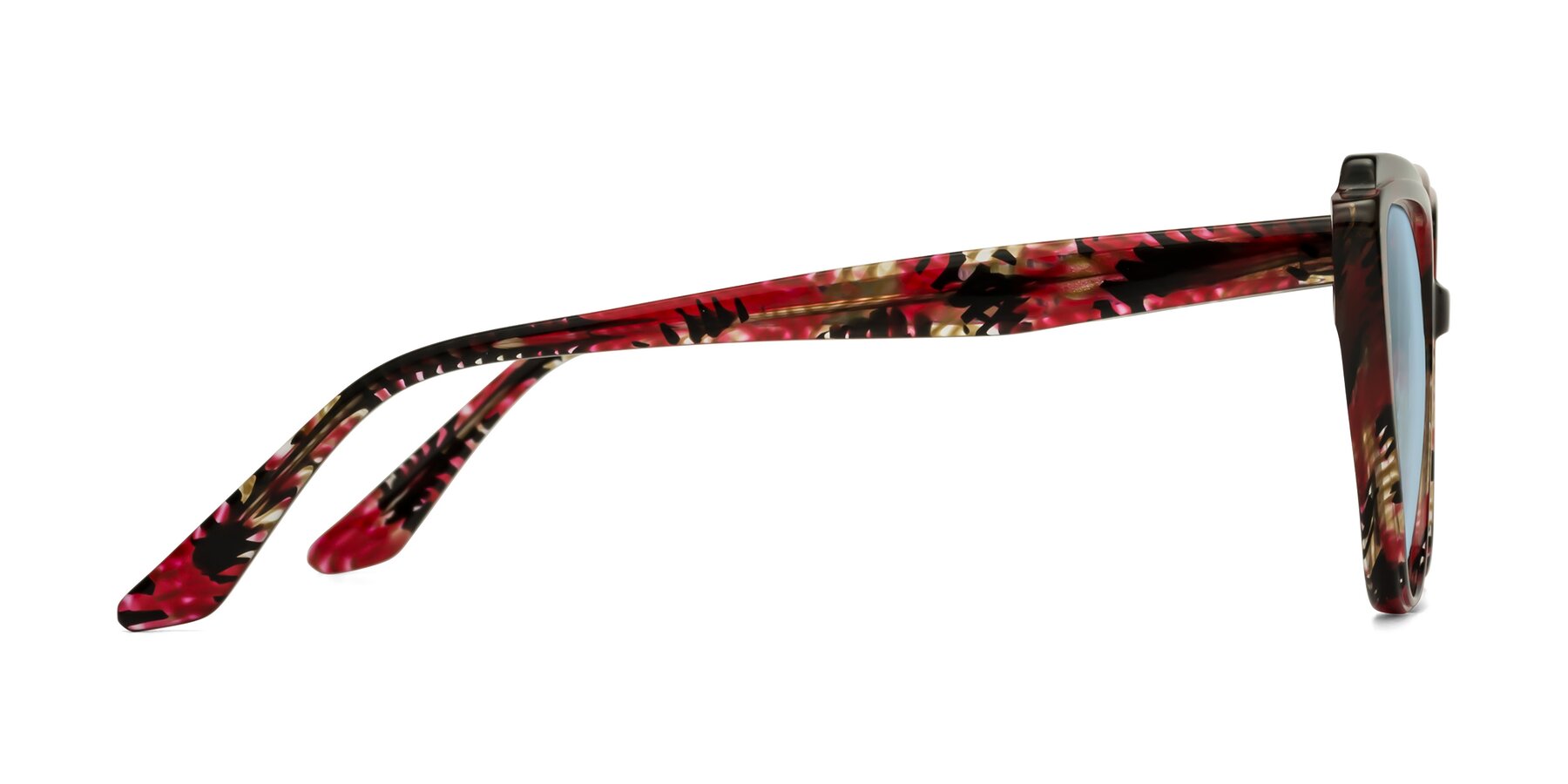 Side of Zubar in Wine Snake Print with Light Blue Tinted Lenses