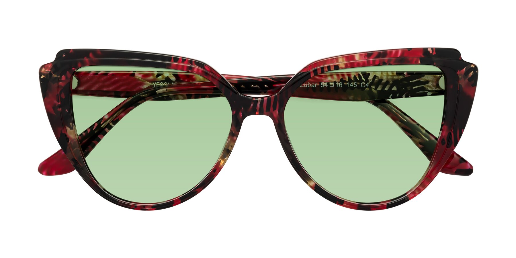 Folded Front of Zubar in Wine Snake Print with Medium Green Tinted Lenses
