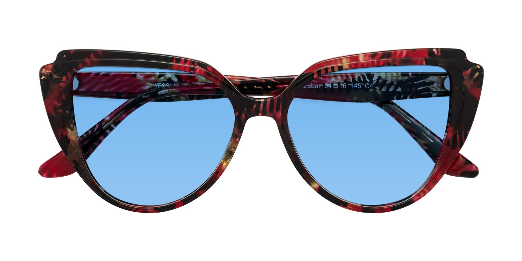 Folded Front of Zubar in Wine Snake Print with Medium Blue Tinted Lenses