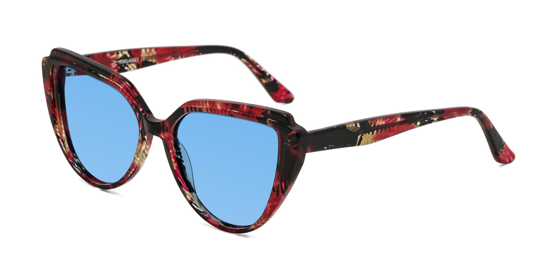 Angle of Zubar in Wine Snake Print with Medium Blue Tinted Lenses