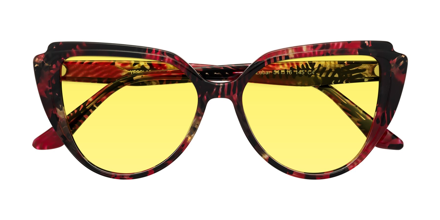 Folded Front of Zubar in Wine Snake Print with Medium Yellow Tinted Lenses