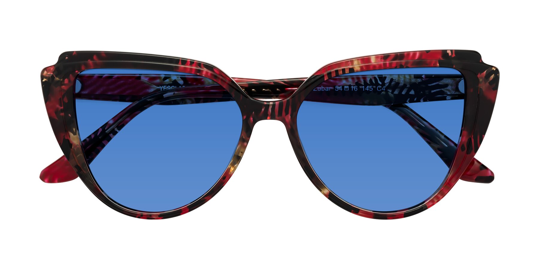 Folded Front of Zubar in Wine Snake Print with Blue Tinted Lenses