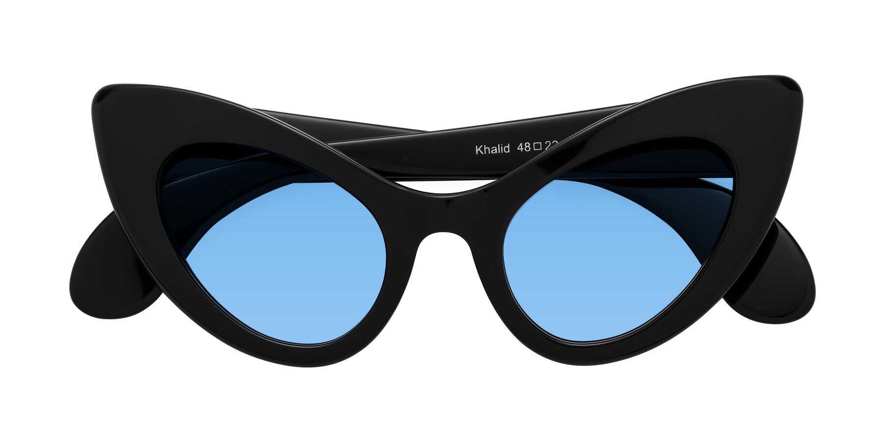 Folded Front of Khalid in Black with Medium Blue Tinted Lenses
