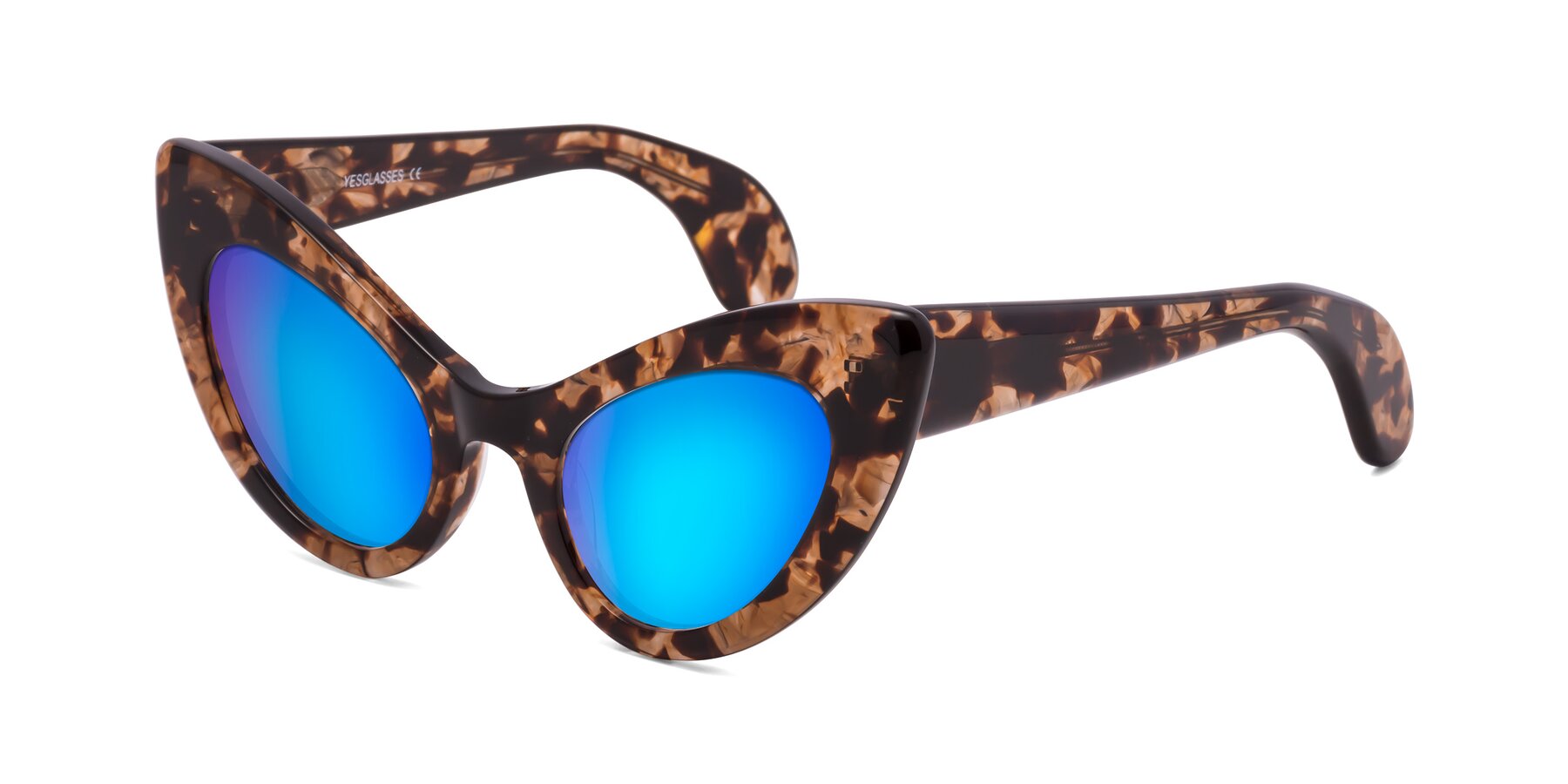 Angle of Khalid in Translucent Brown Tortoise with Blue Mirrored Lenses