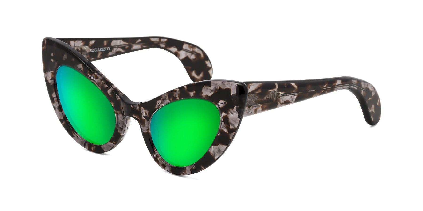 Angle of Khalid in Translucent Gray Tortoise with Green Mirrored Lenses