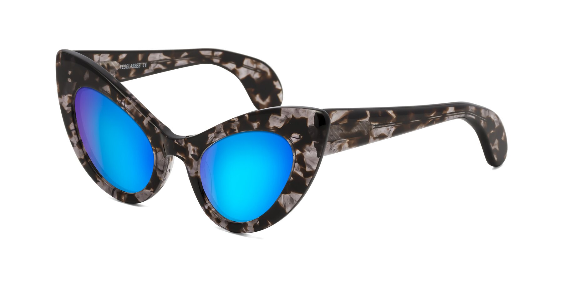 Angle of Khalid in Translucent Gray Tortoise with Blue Mirrored Lenses