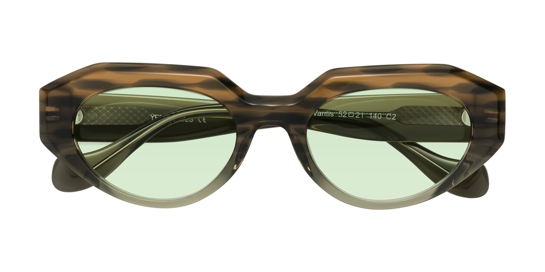 Folded Front of Vantis in Brown Striped with Light Green Tinted Lenses