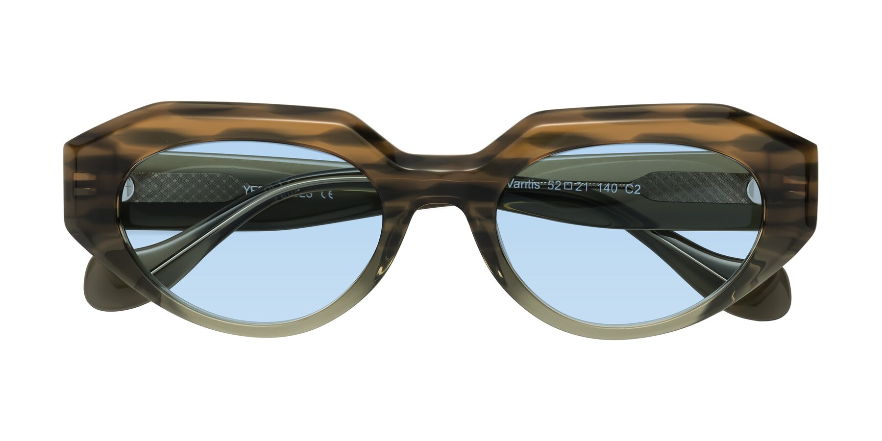 Folded Front of Vantis in Brown Striped with Light Blue Tinted Lenses