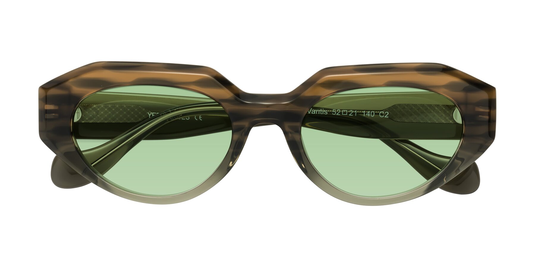 Folded Front of Vantis in Brown Striped with Medium Green Tinted Lenses