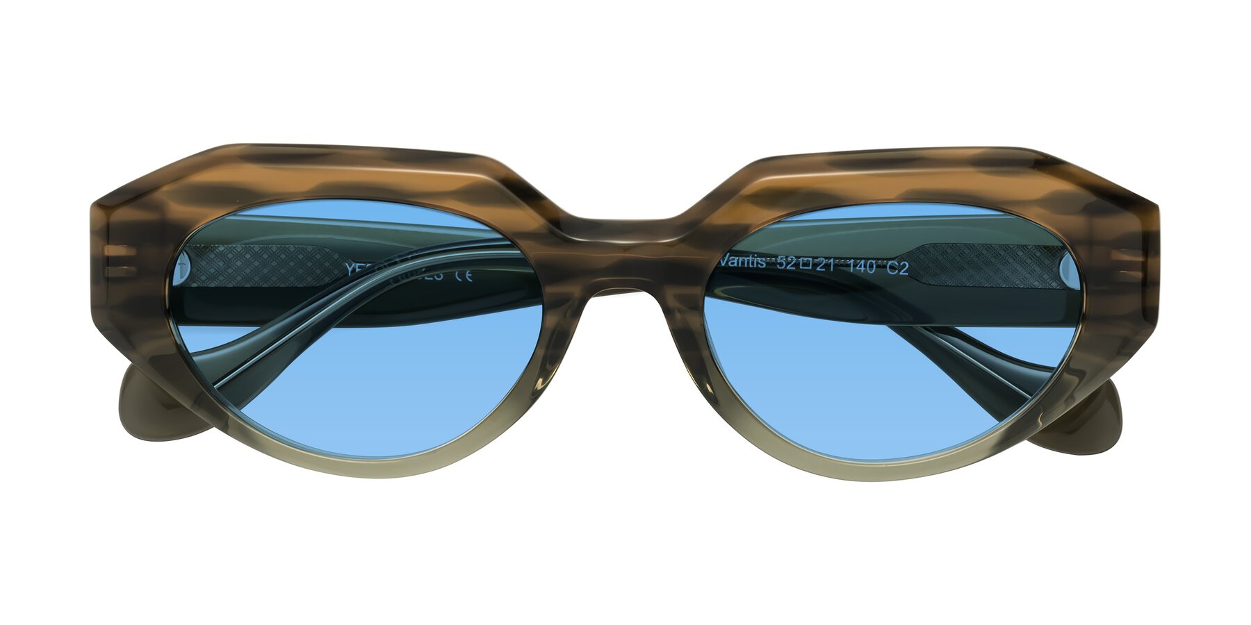 Folded Front of Vantis in Brown Striped with Medium Blue Tinted Lenses